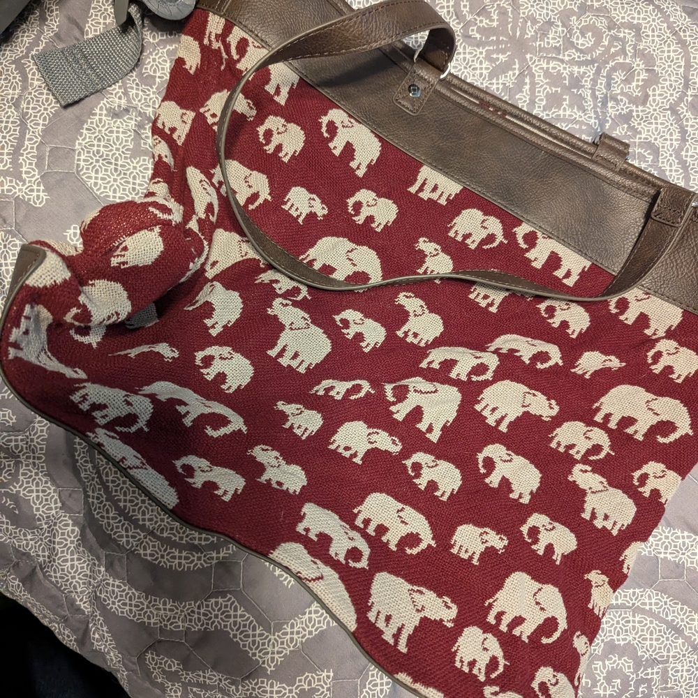 Elephant Patterned Red and Brown Tote Bag